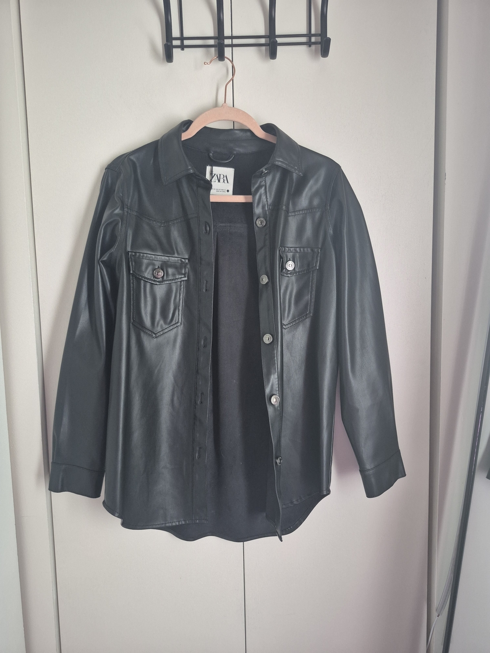 Zara Black Faux Leather Button-Front Jacket